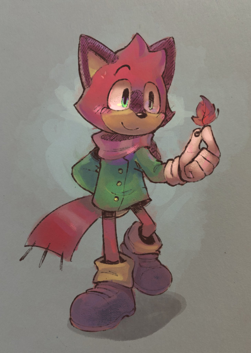 1boy animal_ears animal_nose black_footwear blush closed_mouth commentary cooki_bob english_commentary full_body furry furry_male gloves green_eyes green_jacket highres holding holding_leaf jacket leaf long_sleeves male_focus protagonist_(the_murder_of_sonic_the_hedgehog) red_scarf scarf shoes smile solo sonic_(series) standing the_murder_of_sonic_the_hedgehog walking white_gloves