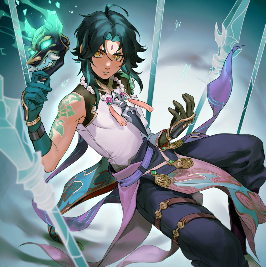 1boy arm_tattoo bead_necklace beads black_gloves black_hair blue_gloves blue_hair detached_sleeves facial_mark forehead_mark genshin_impact gloves highres holding holding_mask jewelry looking_at_viewer male_focus mask multicolored_hair necklace neekosiah parted_lips polearm single_detached_sleeve solo spear tassel tattoo weapon xiao_(genshin_impact) yellow_eyes