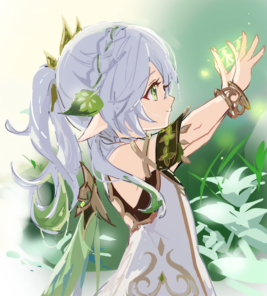 1girl bare_shoulders bracelet cape cat's_cradle closed_mouth dress flower fractalmagnolia from_side genshin_impact gradient_hair green_cape green_eyes green_hair green_sleeves hair_ornament highres jewelry leaf_hair_ornament long_hair multicolored_hair nahida_(genshin_impact) pointy_ears ponytail profile smile solo two-tone_hair upper_body white_dress white_hair
