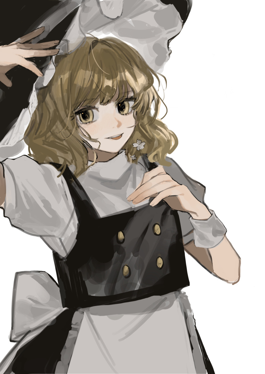 1girl :d absurdres apron arm_up back_bow black_skirt black_vest blonde_hair bow breasts flower flower_request gotagotay hair_flower hair_ornament hand_on_headwear hands_up hat highres kirisame_marisa light_blush light_brown_hair light_smile looking_at_viewer medium_hair parted_lips puffy_short_sleeves puffy_sleeves short_sleeves simple_background skirt small_breasts smile solo touhou turtleneck vest waist_apron white_background white_flower witch_hat yellow_eyes