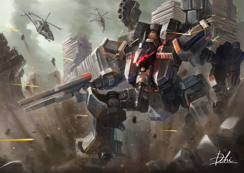 aircraft armored_core battle building cascade_range fire from_software glowing gun helicopter holding holding_gun holding_weapon hukutuuprunes mecha no_humans over_shoulder robot ruins weapon weapon_over_shoulder