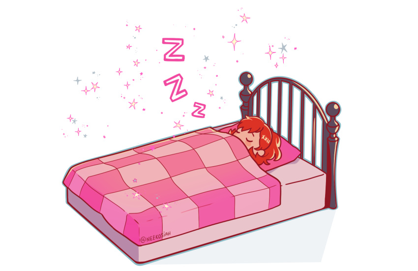 1girl bed bed_frame blanket closed_eyes highres lying neekosiah on_back persona persona_3 persona_3_portable pillow ponytail redhead shiomi_kotone simple_background sleeping solo sparkle star_(symbol) twitter_username u_u under_covers white_background zzz