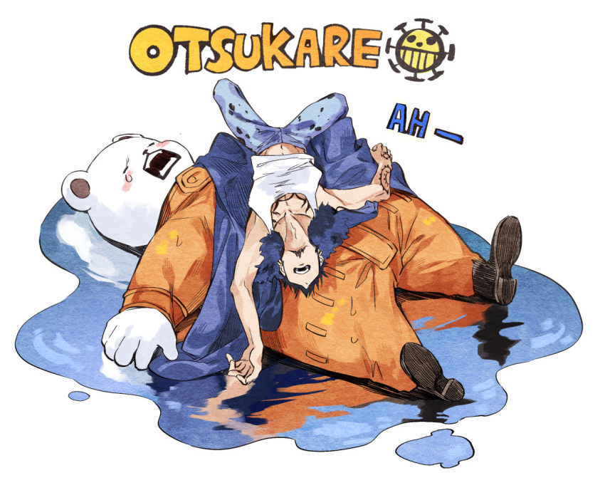 1boy animal arm_tattoo bear bepo blue_coat coat denim exhausted facial_hair jeans jolly_roger jumpsuit lying lying_on_person lying_on_water male_focus oboro_keisuke on_back one_piece orange_jumpsuit pants polar_bear puddle romaji_text spoilers tank_top tattoo trafalgar_law water white_background white_tank_top