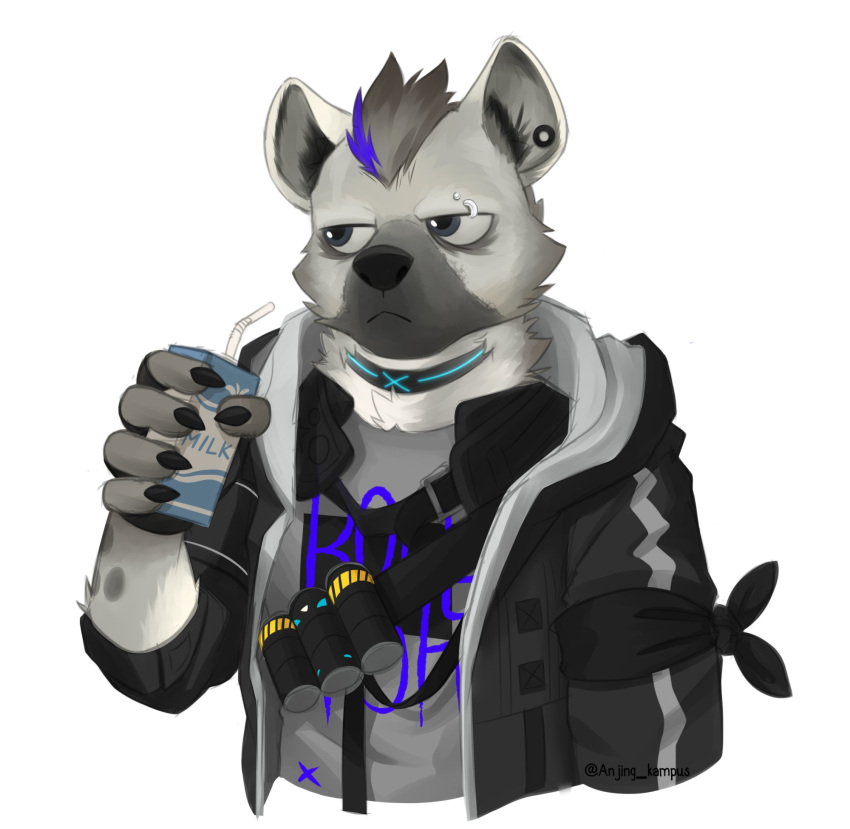 1boy arknights asumono_krom drink drinking_straw earrings eyebrow_piercing furry furry_male grey_shirt highres holding holding_drink hyena_boy infection_monitor_(arknights) jacket jewelry looking_to_the_side male_focus milk milk_carton multicolored_hair open_clothes open_jacket piercing shirt simple_background solo spot_(arknights) streaked_hair twitter_username white_background