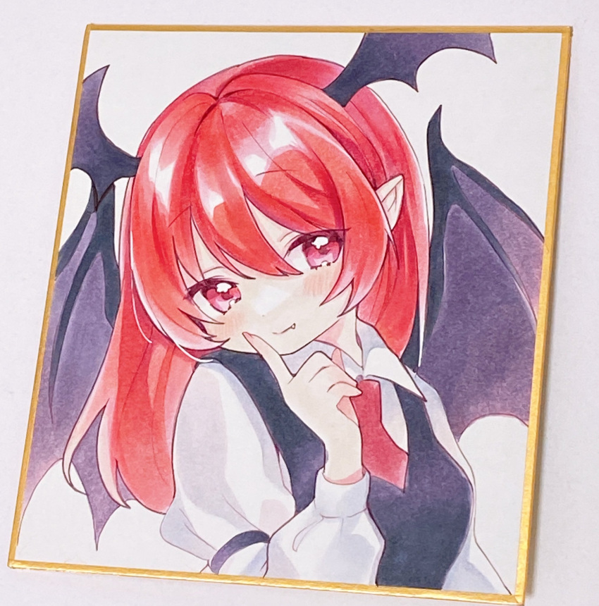 1girl bat_wings black_vest fang fang_out finger_to_face fingernails hair_between_eyes hand_up head_wings highres koakuma light_smile looking_to_the_side moni_monico necktie pink_eyes red_necktie redhead shirt solo touhou traditional_media upper_body vest white_shirt wing_collar wings