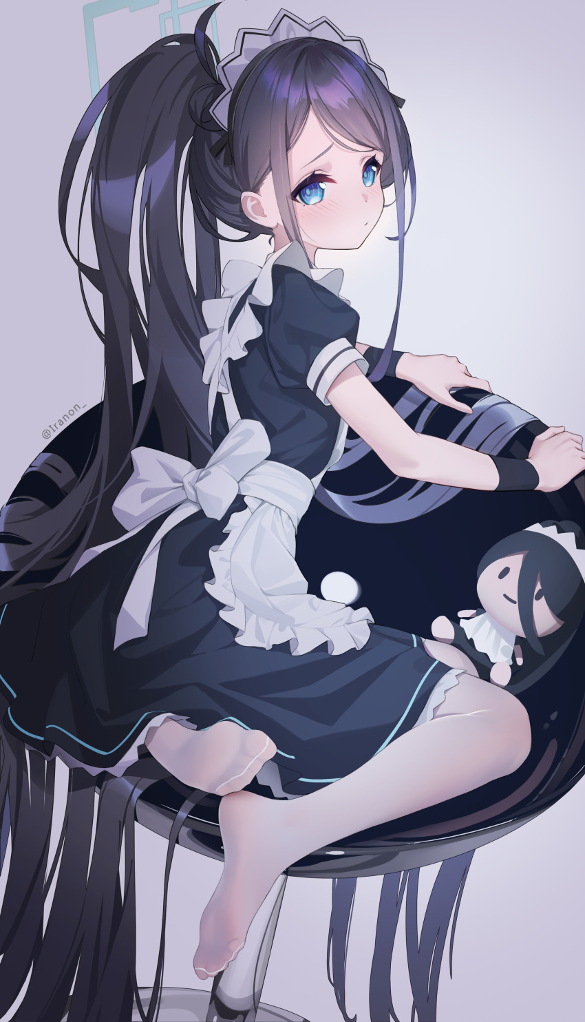 1girl absurdly_long_hair absurdres apron aris_(blue_archive) aris_(maid)_(blue_archive) artist_name black_hair blue_archive blue_eyes character_doll feet highres iranon_(new_iranon) long_hair looking_at_viewer looking_to_the_side maid maid_apron maid_headdress official_alternate_costume official_alternate_hairstyle pantyhose ponytail solo very_long_hair white_pantyhose