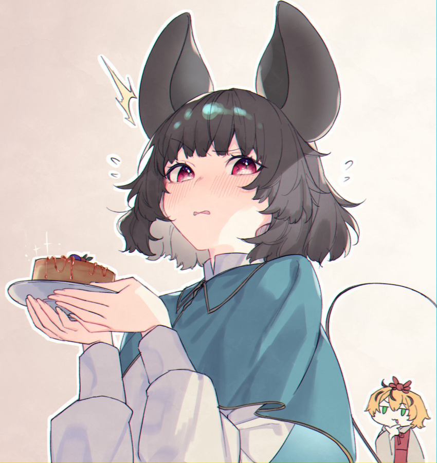 2girls animal_ears blonde_hair blue_capelet blush capelet flying_sweatdrops food grey_hair highres holding holding_plate long_sleeves mouse_ears mouse_tail multiple_girls nazrin open_mouth plate red_eyes shirt short_hair tail toramaru_shou touhou upper_body white_shirt yononaka