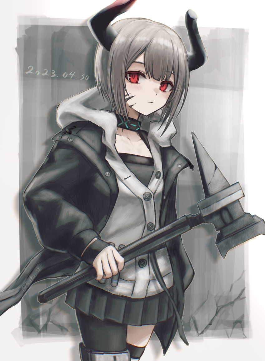 1girl 3_(sanyako1) arknights black_jacket black_pantyhose black_skirt black_thighhighs cardigan closed_mouth cowboy_shot dated detached_collar grey_hair hammer highres holding holding_hammer holding_weapon hood hood_down hooded_cardigan horns infection_monitor_(arknights) jacket long_sleeves looking_at_viewer miniskirt open_clothes open_jacket oripathy_lesion_(arknights) pantyhose pleated_skirt red_eyes short_hair single_leg_pantyhose single_thighhigh skirt solo thigh-highs vulcan_(arknights) weapon white_cardigan