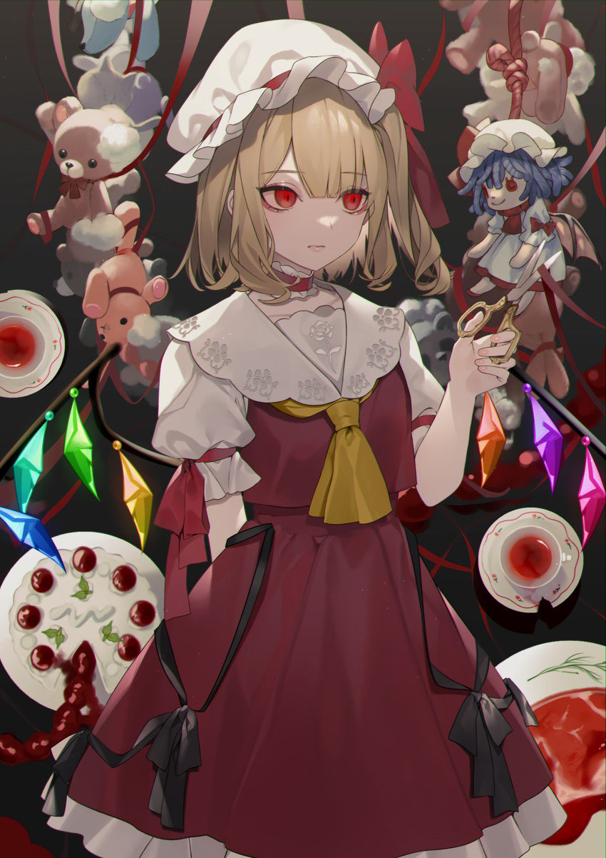 1girl absurdres animal_ears ascot bags_under_eyes black_background black_ribbon blonde_hair blue_hair bow bowtie cake character_doll choker closed_mouth collared_shirt commentary crystal cup daimaou_ruaeru doll dress fingernails flandre_scarlet food frilled_choker frilled_sleeves frills gradient_background grey_dress grey_headwear grey_shirt hair_between_eyes hand_up hat hat_bow hat_ribbon highres holding holding_scissors jewelry light light_brown_hair looking_to_the_side mob_cap multicolored_wings nail_polish one_side_up pink_nails plate puffy_short_sleeves puffy_sleeves red_ascot red_bow red_choker red_eyes red_footwear red_skirt red_vest remilia_scarlet ribbon scissors shirt shoes short_hair short_sleeves skirt skirt_set smile solo standing stuffed_animal stuffed_rabbit stuffed_toy symbol-only_commentary teacup teddy_bear touhou vest white_headwear wings yellow_ascot
