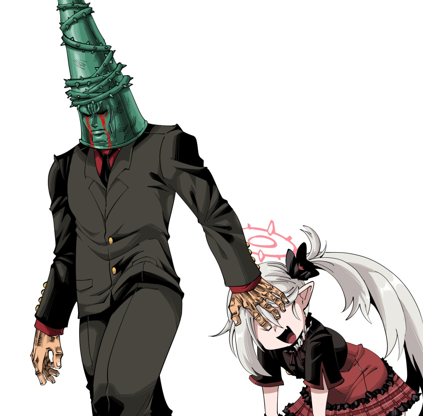 1boy 1girl :d absurdres bent_over black_necktie blasphemous blood blood_from_eyes blue_archive business_suit commentary english_commentary faceless faceless_male fang formal grabbing_another's_hair grey_hair haho hair_between_eyes hair_ornament halo head_grab highres long_hair mutsuki_(blue_archive) necktie penitent_one pointy_ears school_uniform sensei_(blue_archive) short_sleeves side_ponytail sidelocks simple_background skin_fang smile suit walking white_background
