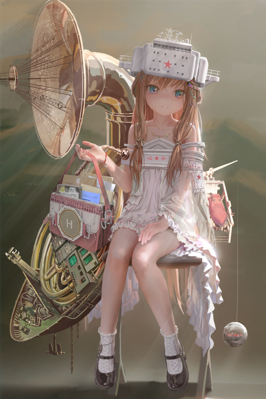 1girl bag bare_shoulders black_footwear blonde_hair blue_eyes boat chain diqiu_wangshi dress female_child full_body hair_ornament hairclip hat highres holding holding_bag instrument jewelry long_hair looking_at_viewer necklace paper personification shadow sitting socks solo spoilers translation_request tuba user_puvx2523 watercraft white_dress white_socks