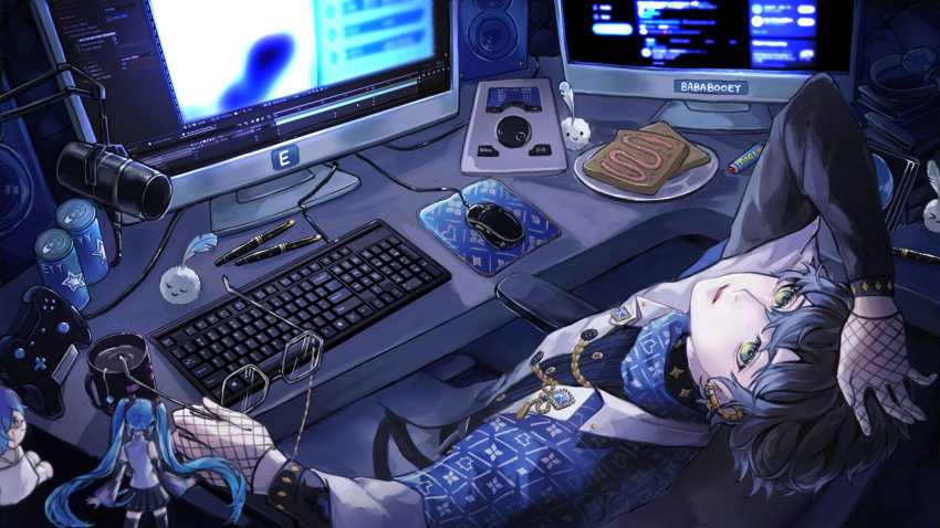 1boy blue_hair chair commentary_request controller desk earrings english_commentary food game_controller glasses gloves green_eyes hatsune_miku highres ike_eveland image_editing_program indoors jewelry keyboard_(computer) long_sleeves looking_up male_focus mixed-language_commentary mouse_(computer) nijisanji open_mouth pen short_hair sitting solo speaker toast ukaria virtual_youtuber vocaloid