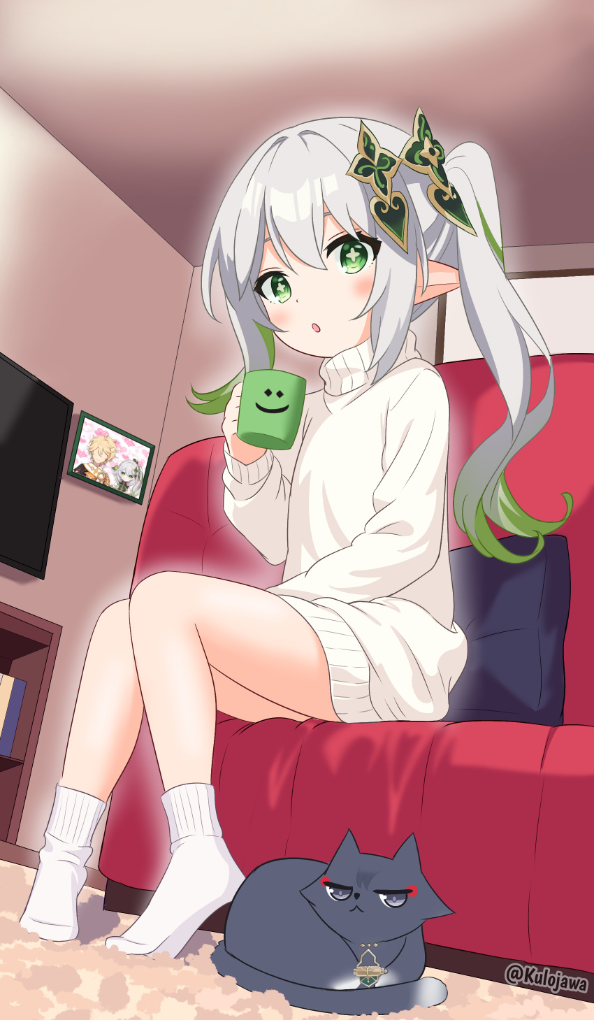 1girl absurdres aether_(genshin_impact) alternate_costume black_cat cabinet cameo casual cat commentary couch cup english_commentary flat_screen_tv genshin_impact gradient_hair green_eyes hair_between_eyes hair_ornament highres holding holding_cup indoors knees_together_feet_apart kulo_jawa legs long_hair long_sleeves looking_at_viewer mug multicolored_hair nahida_(genshin_impact) no_shoes on_couch parted_lips photo_(object) picture_frame pillow pointy_ears ribbed_sweater side_ponytail sidelocks sitting socks sweater turtleneck turtleneck_sweater two-tone_hair white_hair white_socks window