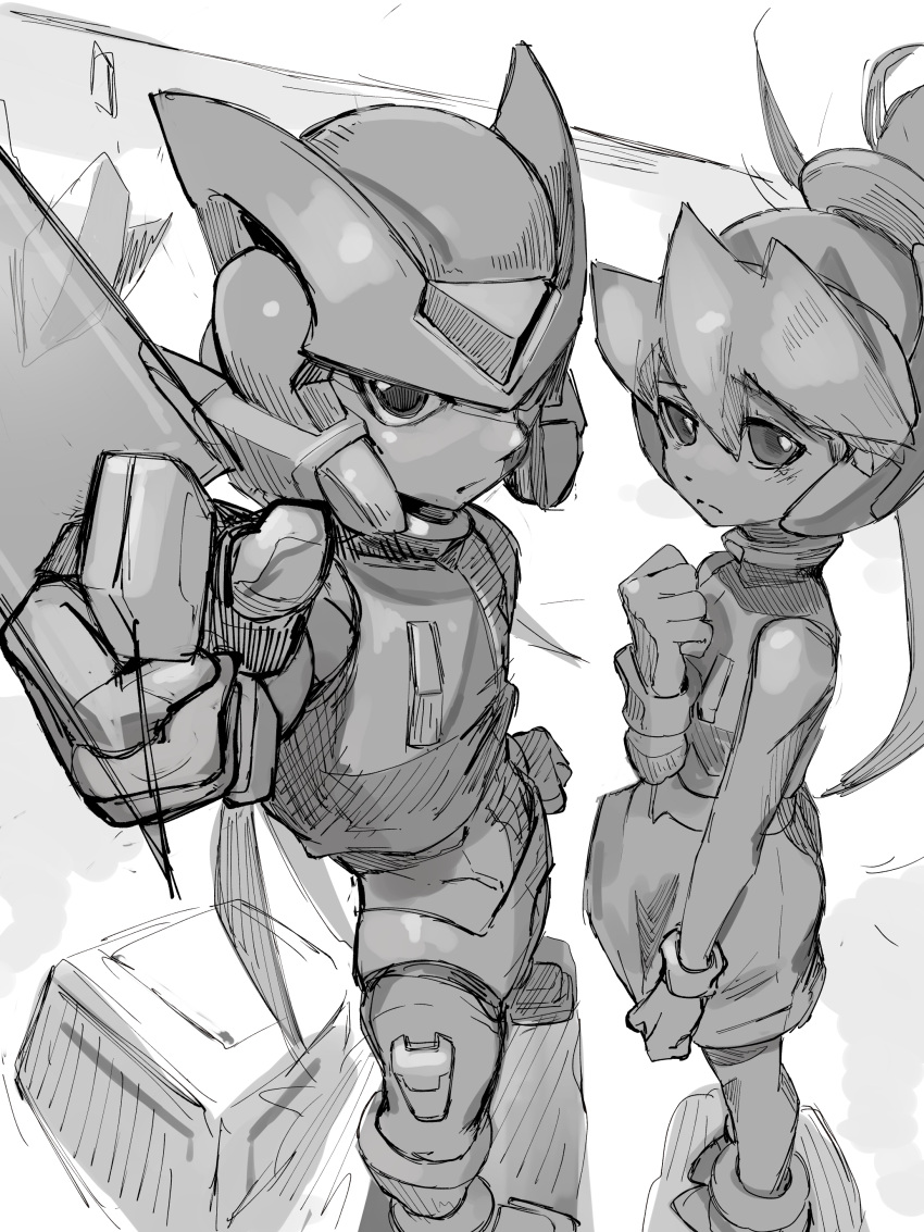 1boy 1girl absurdres android armor black_bodysuit bodysuit ciel_(mega_man) commentary_request from_above frown gloves grey_eyes greyscale hair_between_eyes highres holding holding_sword holding_weapon long_hair looking_at_viewer mega_man_(series) mega_man_zero_(series) monochrome omochi_(mochi_skymega) robot serious sketch sword upper_body very_long_hair weapon white_gloves z_saber zero(z)_(mega_man) zero_(mega_man)
