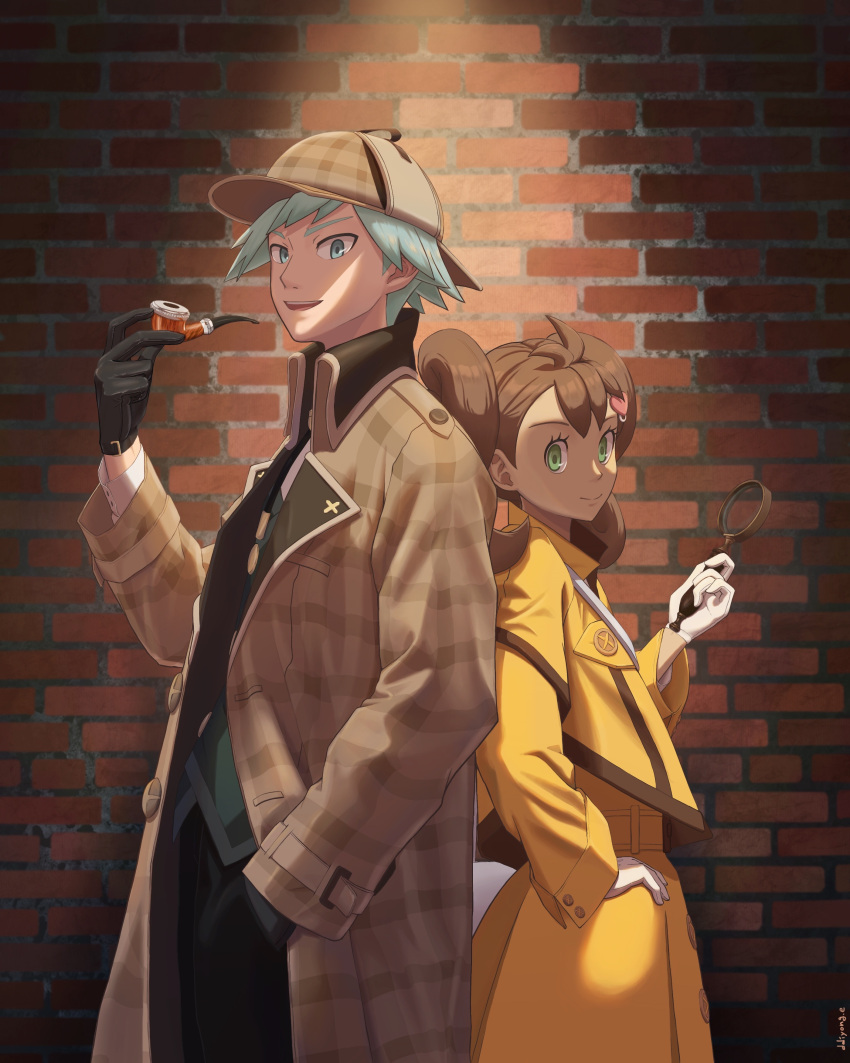 1boy 1girl absurdres brick_wall brown_coat brown_hair closed_mouth coat commentary_request ddiyong.e detective from_side gloves green_eyes green_hair hand_on_own_hip hat highres holding holding_magnifying_glass holding_smoking_pipe jacket korean_commentary long_sleeves magnifying_glass official_alternate_costume open_clothes open_coat open_mouth plaid_coat plaid_headwear pokemon pokemon_(game) pokemon_masters_ex shauna_(pokemon) shauna_(special_costume)_(pokemon) short_hair skirt smile smoking_pipe steven_stone steven_stone_(special_costume) white_gloves yellow_jacket yellow_skirt