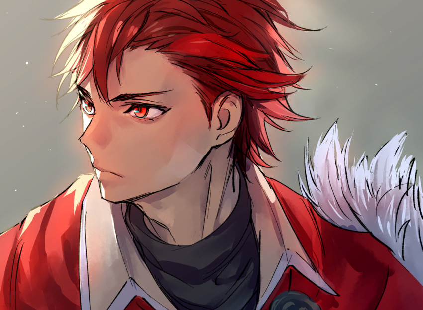 1boy diamant_(fire_emblem) fire_emblem fire_emblem_engage fur_trim furrowed_brow looking_to_the_side male_focus portrait red_eyes redhead shirt short_hair simple_background solo t_misaomaru
