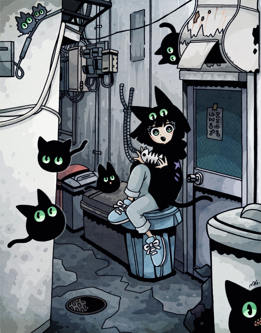 1girl alley animal_ears black_cat black_hair black_hoodie blue_footwear blunt_bangs blunt_ends bob_cut bright_pupils cable cat cat_ears cat_girl cat_tail commentary_request creature door dot_nose extra_eyes fang fish_bone garouma green_eyes grey_pants highres hood hood_down hoodie long_sleeves looking_at_viewer manhole_cover open_mouth original outdoors pants pants_rolled_up shoes short_hair signature sitting sneakers solo tail translation_request trash_bag trash_can white_pupils