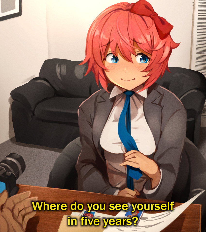 1girl 1other absurdres bad_arm black_jacket blue_eyes blush bow camera casting_couch closed_mouth collared_shirt couch doki_doki_literature_club english_text hair_between_eyes hair_bow highres indoors jacket khyle. meme open_clothes open_jacket paper pink_hair red_bow sayori_(doki_doki_literature_club) shirt short_hair sideways_glance smile table white_shirt
