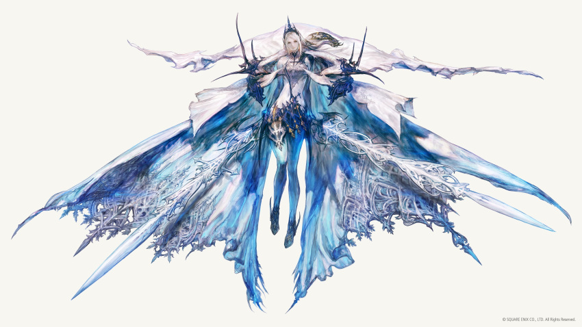 1girl absurdres cloak crown dual_wielding final_fantasy final_fantasy_xvi full_body high_heels highres holding holding_sword holding_weapon looking_at_viewer multiple_swords official_art pale_skin shawl shiva_(final_fantasy) simple_background solo square_enix swept_bangs sword weapon white_cloak