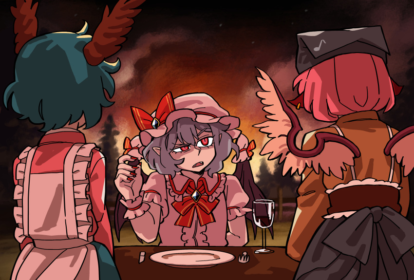 3girls absurdres animal_ears apron bat_wings bird_ears bird_wings black_wings blue_hair brown_kimono collared_shirt cup dog_ears drinking_glass earrings eddybird55555 eighth_note fangs fingernails fork frilled_shirt_collar frills green_hair hair_between_eyes hat hat_ribbon highres japanese_clothes jewelry kasodani_kyouko kimono knife long_sleeves mob_cap multiple_girls musical_note musical_note_print mystia_lorelei nail_polish open_mouth pink_hair pink_headwear pink_kimono pink_shirt pink_wings plate red_eyes red_nails red_ribbon remilia_scarlet ribbon shaded_face shirt short_hair short_sleeves single_earring third-party_source touhou touhou_mystia's_izakaya white_apron wine_glass wings wrist_cuffs
