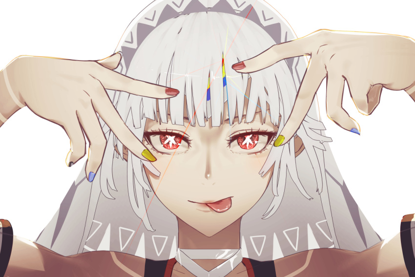 1girl :p altera_(fate) arms_up bare_shoulders blue_nails blunt_bangs fate/grand_order fate_(series) fingernails forehead_protector grey_hair i-pan long_fingernails looking_at_viewer nail_polish red_eyes red_nails short_hair smile solo tongue tongue_out upper_body veil yellow_nails