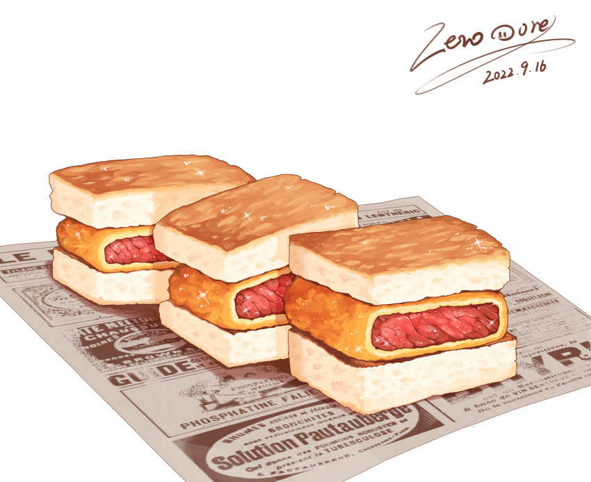 absurdres beef bread commentary dated english_commentary food food_focus highres meat newspaper no_humans original realistic sandwich signature simple_background white_background zeroorez