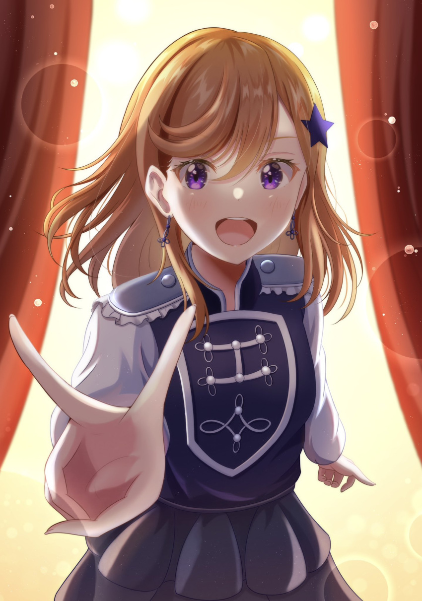 1girl :d backlighting blue_dress buttons commentary curtains double-breasted dress epaulettes foreshortening highres lens_flare long_hair looking_at_viewer love_live! love_live!_superstar!! orange_hair sa07_drawing shibuya_kanon smile solo swept_bangs teeth upper_teeth_only v yellow_background