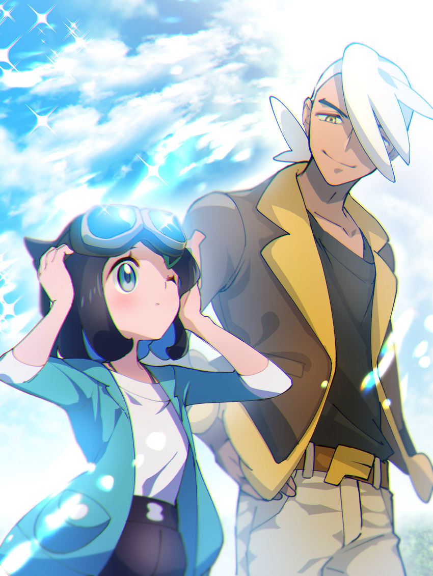 1boy 1girl belt belt_buckle black_hair black_shorts blush brown_belt brown_jacket buckle closed_mouth clouds coat commentary_request day eyelashes friede_(pokemon) goggles goggles_on_head green_coat hair_ornament hairclip hands_up highres jacket liko_(pokemon) mitsuha_(bless_blessing) one_eye_closed open_clothes open_coat outdoors pants pokemon pokemon_(anime) pokemon_horizons shirt shorts sky white_hair white_shirt yellow_eyes
