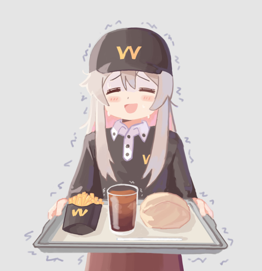 1girl ^_^ alternate_costume black_headwear black_shirt blush_stickers brown_skirt closed_eyes commentary cup dot_nose drinking_glass employee_uniform facing_viewer food french_fries grey_background grey_hair gustavo_schuler hair_between_eyes highres holding holding_tray long_hair long_sleeves nervous onii-chan_wa_oshimai! oyama_mahiro shirt sidelocks simple_background skirt solo sweat sweating_profusely tray trembling uniform upper_body wcdonalds wing_collar