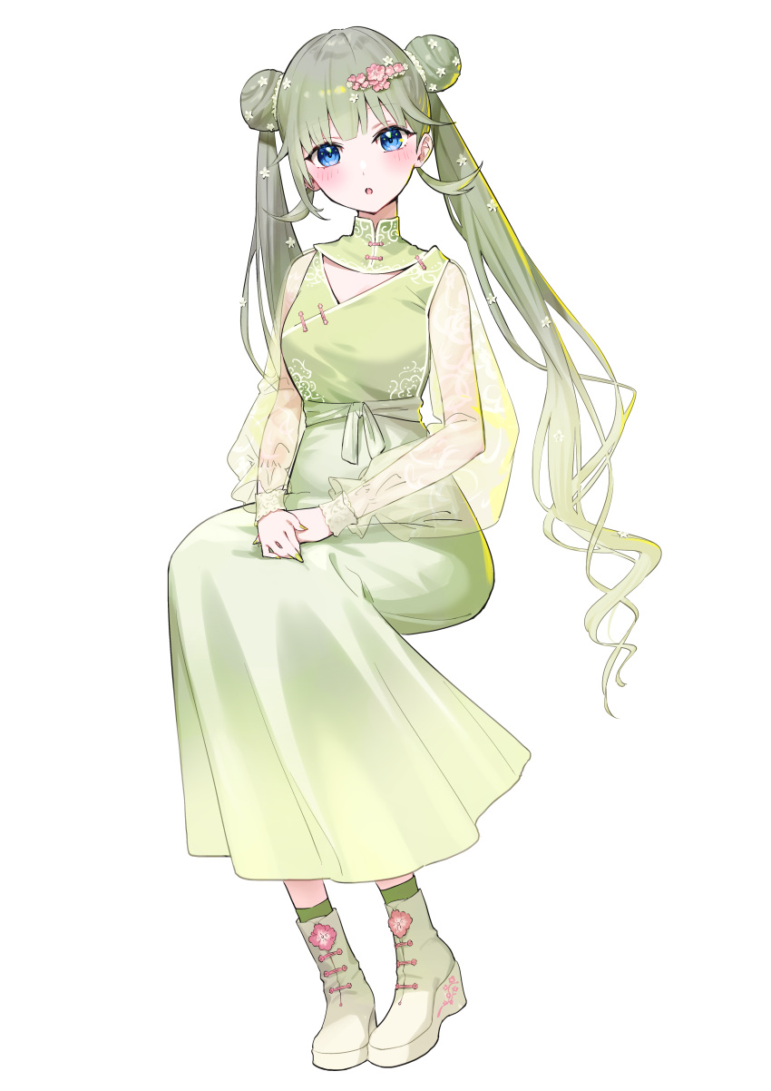 1girl :o absurdres blue_eyes blush breasts cattleya_regina_games china_dress chinese_clothes double_bun dress flower full_body green_hair hair_bun hair_flower hair_ornament hanabusa_lisa high_heels high_tops highres invisible_chair long_dress looking_at_viewer medium_breasts nemoto_yuuma open_mouth platform_footwear see-through see-through_sleeves shoes simple_background sitting sneakers solo twintails virtual_youtuber vspo! white_background