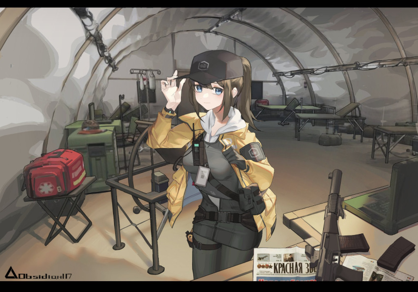 1girl arm_up baseball_cap black_headwear black_pantyhose blue_eyes blush breasts brown_hair closed_mouth commentary computer dima_(girls'_frontline) english_commentary girls_frontline gloves gun hair_between_eyes hand_on_headwear hat highres hood hood_down hoodie indoors jacket laptop letterboxed looking_at_viewer medium_breasts newspaper open_clothes open_jacket pantyhose ponytail rosetta(obsidian117) russian_text sidelocks single_glove smile solo translation_request weapon weapon_request white_hoodie yellow_jacket
