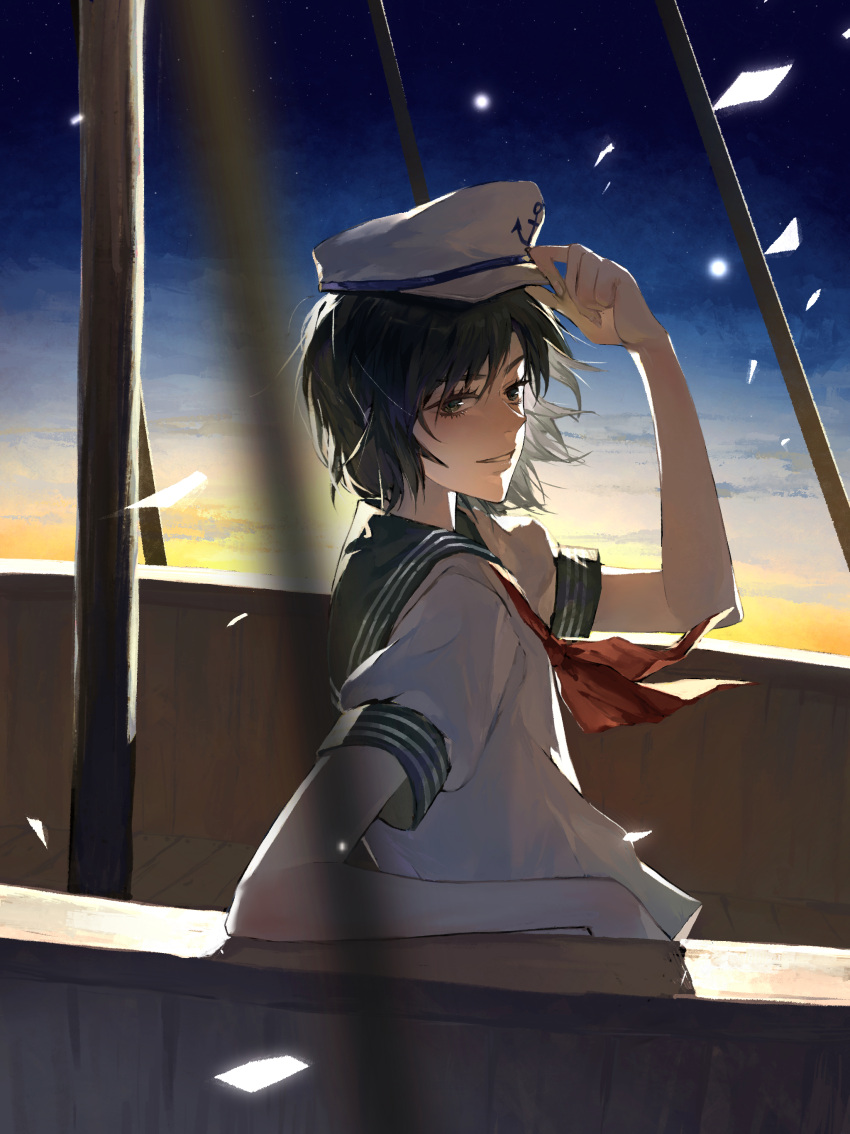 1girl absurdres adjusting_clothes adjusting_headwear aihara-rina black_eyes black_hair blush commentary_request flat_cap from_side full_body hat highres looking_at_viewer looking_to_the_side lookout_platform murasa_minamitsu neckerchief night night_sky parted_lips red_neckerchief sailor sailor_hat shirt short_hair short_sleeves sky sleeve_cuffs smile solo star_(sky) starry_sky touhou white_headwear white_shirt