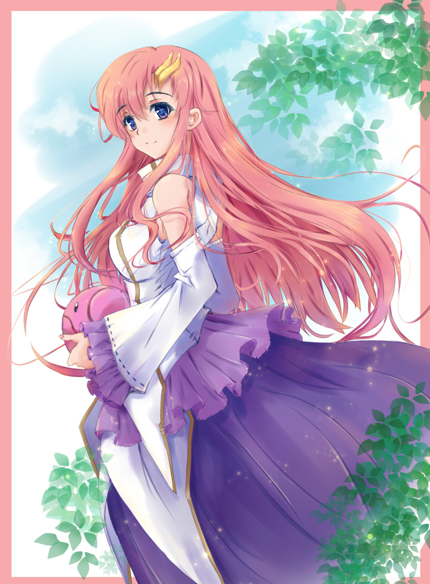 1girl bare_shoulders blue_eyes border breasts closed_mouth detached_sleeves dress gundam gundam_seed gundam_seed_destiny hair_between_eyes hair_ornament haro highres hirai_hisashi_(style) holding lacus_clyne long_hair looking_at_viewer medium_breasts nt50 pink_border pink_hair robot smile solo wave_hair_ornament white_background white_dress