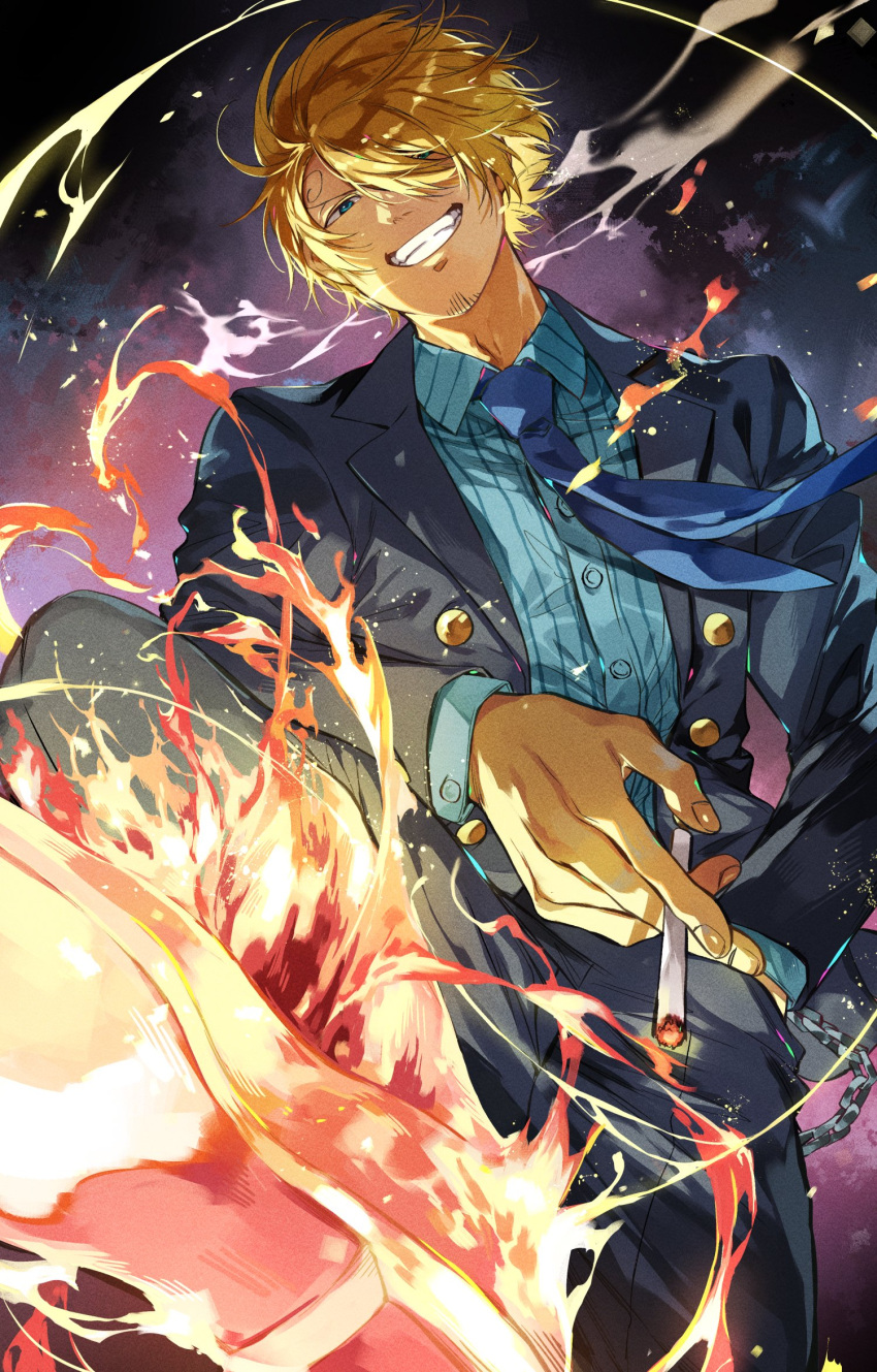 1boy blonde_hair blue_eyes chain cigarette curly_eyebrows facial_hair fire formal from_above grin hair_over_one_eye hand_in_pocket highres holding holding_cigarette leg_up long_sleeves male_focus necktie oboro_keisuke one_piece sanji_(one_piece) short_hair smile smoke solo suit