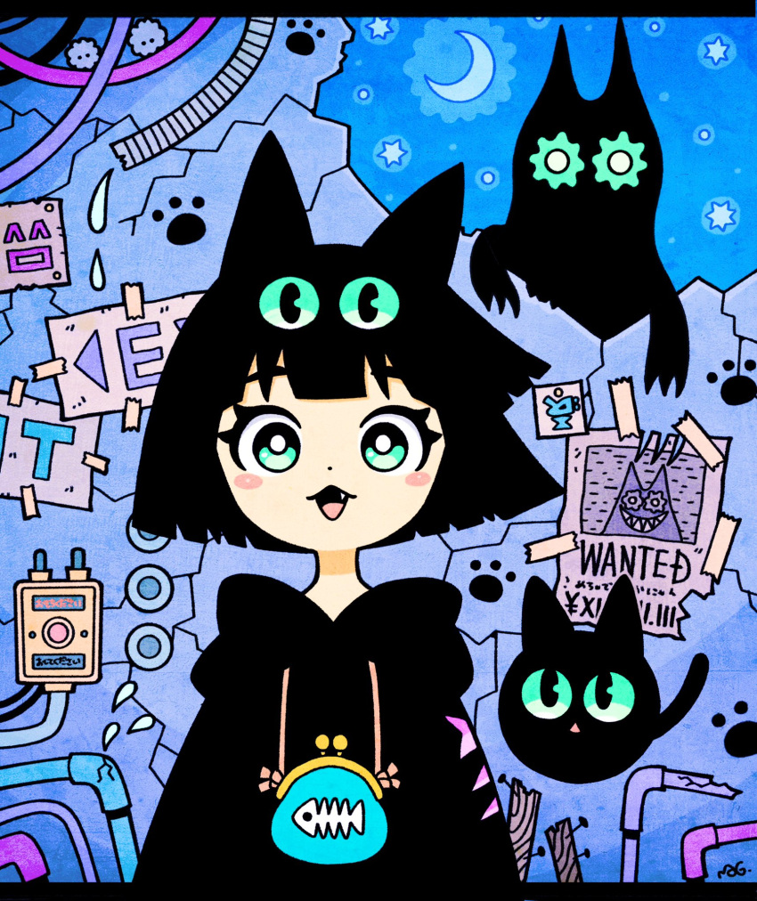 1girl :3 animal_ears black_cat black_hair black_hoodie blunt_bangs blunt_ends blush_stickers bob_cut bright_pupils broken_wall cat cat_ears cat_girl coin_purse commentary creature crescent dot_nose english_text extra_eyes garouma green_eyes highres hood hood_down hoodie industrial_pipe letterboxed looking_at_viewer open_mouth original paw_print poster_(object) push-button short_hair sky solo star_(sky) starry_sky straight-on straight_hair symbol-only_commentary upper_body wanted white_pupils