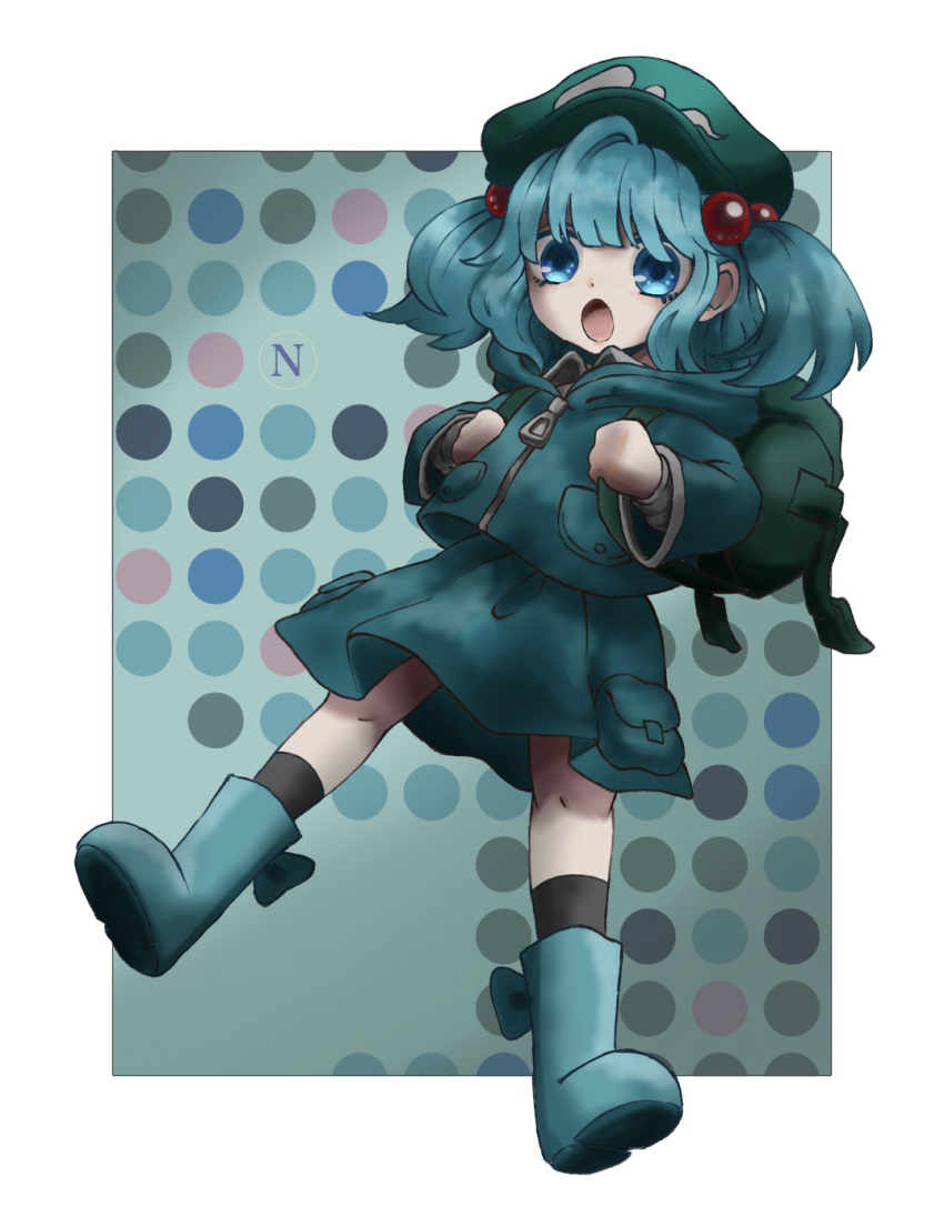 1girl :o backpack bag blue_coat blue_eyes blue_hair blue_skirt blunt_bangs boots cabbie_hat coat eyebrows_hidden_by_hair full_body hair_bobbles hair_ornament hat highres kawashiro_nitori legs_apart long_sleeves looking_at_viewer medium_hair open_mouth petite pocket simple_background skirt skirt_set solo touhou two_side_up umebitan