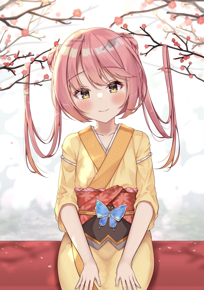 1girl blush branch butterfly_ornament cherry_blossoms closed_mouth commentary cowboy_shot double-parted_bangs double_bun eyes_visible_through_hair flat_chest floral_print hair_between_eyes hair_bun hands_on_own_thighs head_tilt highres japanese_clothes kimono kurama_koharu long_hair long_sleeves looking_at_viewer outdoors petals pink_hair red_sash sash senren_banka sitting smile solo straight-on twintails yellow_eyes yellow_kimono yosh1na