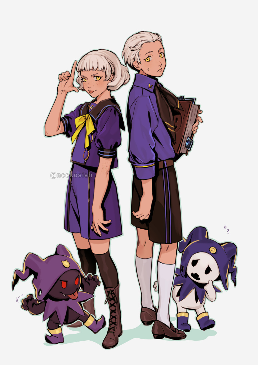 1boy 1girl absurdres age_difference black_frost black_sailor_collar black_shorts blue_shirt blue_shorts blunt_bangs blush book boots brother_and_sister brown_footwear elizabeth_(persona) flying_sweatdrops freckles grey_background highres holding holding_book jack_frost kneehighs looking_at_viewer neekosiah persona persona_3 persona_3_portable sailor_collar shirt short_sleeves shorts siblings simple_background socks theodore_(persona) tongue tongue_out white_hair yellow_eyes