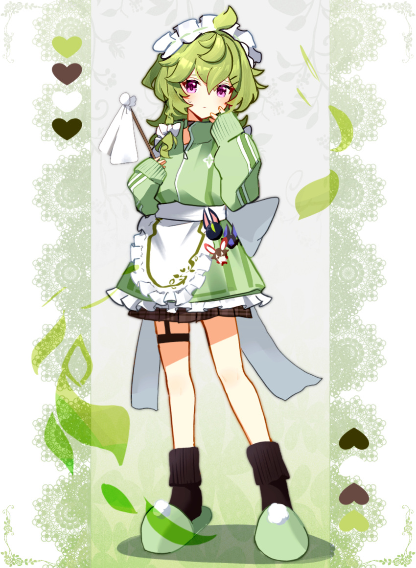 1girl ahoge alternate_costume apron black_socks bow braid brown_skirt closed_mouth collei_(genshin_impact) color_guide commentary_request enmaided frilled_apron frills full_body garter_straps genshin_impact green_footwear green_hair green_jacket hands_up highres holding jacket long_hair long_sleeves looking_at_viewer maid maid_headdress single_braid single_garter_strap skirt sleeves_past_wrists slippers socks solo sweatdrop utori_(tanakautori) waist_apron white_apron white_bow