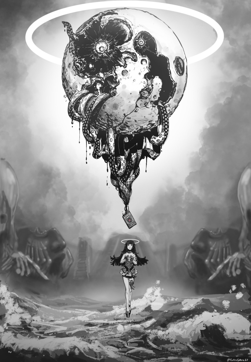 1girl artist_name black_gloves book clouds cloudy_sky commentary dress english_commentary fallenspherell floating floating_book floating_object gloves greyscale grimoire half_gloves halo hands_up highres hololive hololive_english horror_(theme) long_hair looking_up monochrome monster moon ninomae_ina'nis open_hands outdoors platform_footwear pointy_ears short_dress single_thighhigh sky solo_focus strapless strapless_dress tentacles thigh-highs twitter_username virtual_youtuber water waves