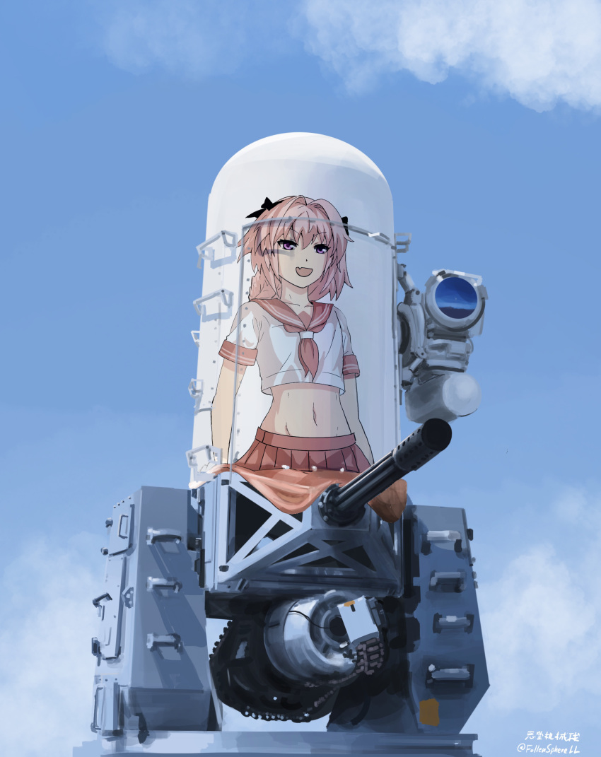 :d absurdres artist_name astolfo_(fate) astolfo_(sailor_paladin)_(fate) black_bow blue_sky bow clouds cropped_shirt fallenspherell fang fate/apocrypha fate_(series) gatling_gun hair_bow highres long_braid navel no_humans outdoors phalanx_ciws phallic_symbol pink_hair pleated_skirt red_sailor_collar red_skirt sailor_collar short_sleeves skin_fang skirt sky sleeve_cuffs smile v-shaped_eyebrows violet_eyes