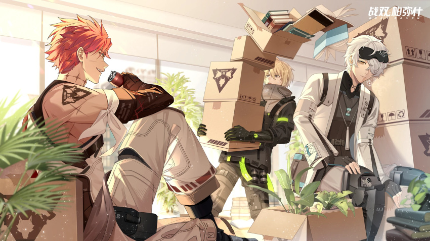 3boys artist_request blonde_hair box can cardboard_box carrying dropping highres kamui_(punishing:_gray_raven) mechanical_arms mechanical_parts multiple_boys noctis_(punishing:_gray_raven) official_art plant punishing:_gray_raven redhead single_mechanical_arm sitting sleep_mask sleepy smile soda_can tattoo wanshi_(punishing:_gray_raven) white_hair yellow_eyes