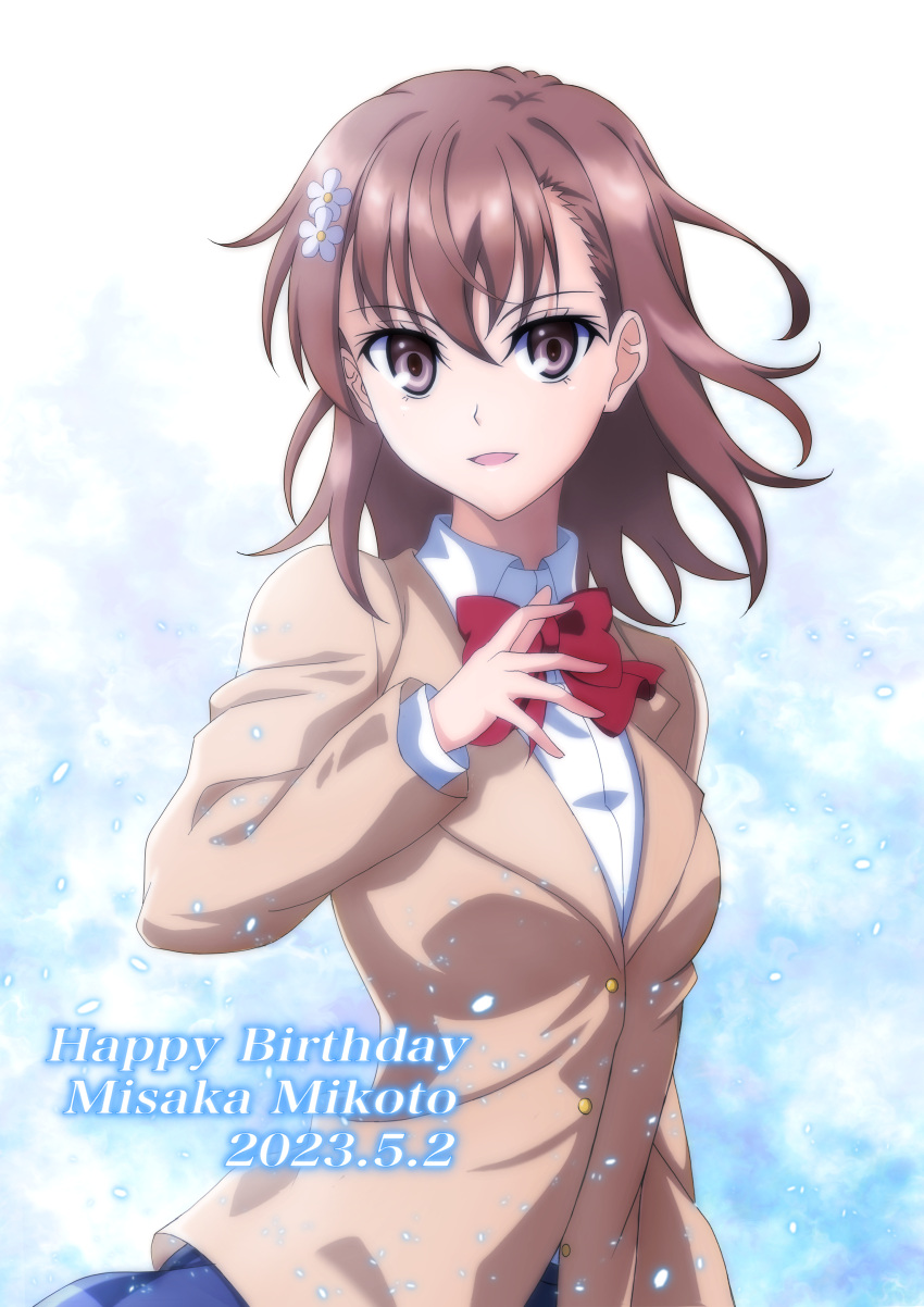 1girl absurdres blazer bow bowtie brown_eyes brown_hair brown_jacket cameron_(pawoo) character_name collared_shirt commentary_request dated flower hair_between_eyes hair_flower hair_ornament happy_birthday highres jacket long_sleeves looking_at_viewer medium_hair misaka_mikoto parted_lips red_bow red_bowtie school_uniform shirt solo toaru_kagaku_no_railgun toaru_majutsu_no_index tokiwadai_school_uniform white_shirt winter_uniform