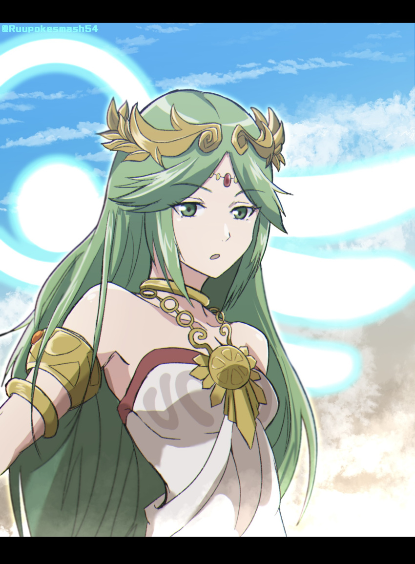 1girl armlet bare_shoulders blue_sky forehead_jewel green_eyes green_hair highres jewelry kid_icarus letterboxed long_hair looking_at_viewer open_mouth palutena pendant rune_(ruupokesmash54) sky solo twitter_username upper_body very_long_hair