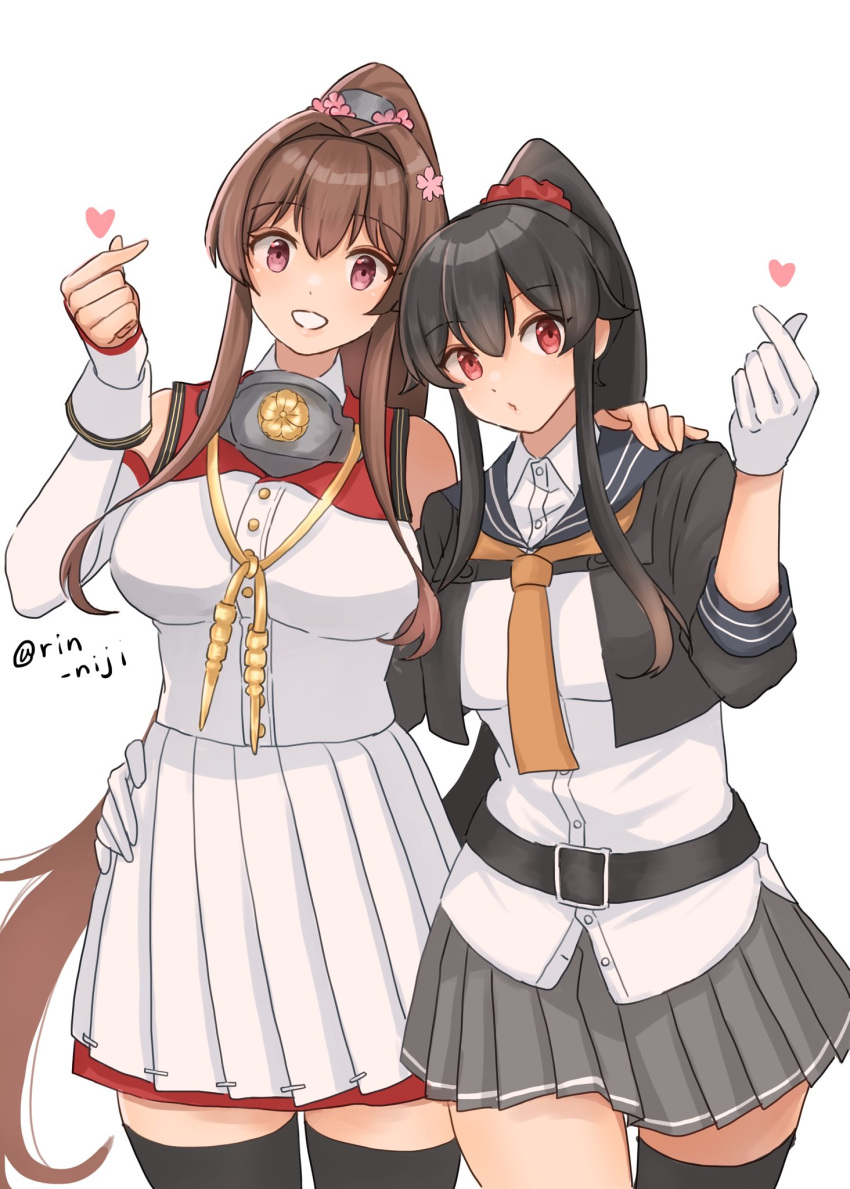 2girls black_hair black_thighhighs blue_sailor_collar breasts brown_hair detached_sleeves flower gloves hair_flower hair_ornament hair_scrunchie hand_on_another's_shoulder hand_on_another's_waist heart highres kantai_collection large_breasts long_hair multiple_girls neckerchief orange_neckerchief pink_eyes pink_flower pleated_skirt ponytail red_eyes rin_(rin_niji) sailor_collar scrunchie simple_background single_thighhigh skirt thigh-highs twitter_username white_background white_gloves yahagi_(kancolle) yahagi_kai_ni_(kancolle) yamato_(kancolle) yamato_kai_ni_(kancolle)