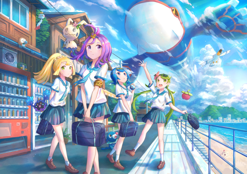 4girls acerola_(pokemon) alternate_costume arm_up armlet bag beach blonde_hair blue_hair bounsweet brown_footwear charjabug chimecho closed_mouth clouds commentary_request cosmog day dive_ball fence green_eyes green_hair holding holding_bag holding_poke_ball kutsunohito kyogre lana_(pokemon) lillie_(pokemon) long_hair looking_up mallow_(pokemon) mimikyu multiple_girls outdoors pleated_skirt poke_ball pokemon pokemon_(game) pokemon_sm ponytail popplio purple_hair rowlet sailor_collar sand sandygast school_uniform shirt shoes shore short_sleeves skirt sky socks standing swept_bangs twintails vending_machine white_shirt wingull