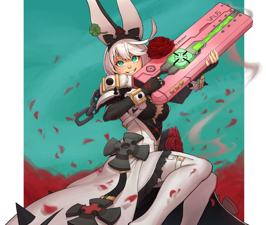 1girl absurdres ahoge aqua_eyes breasts cleavage_cutout clothing_cutout clover dress ehkcaio elphelt_valentine flower four-leaf_clover grin guilty_gear guilty_gear_xrd gun hairband highres holding holding_gun holding_weapon huge_ahoge large_breasts looking_at_viewer petals red_flower red_rose rose short_hair smile spiked_hairband spikes weapon wedding_dress