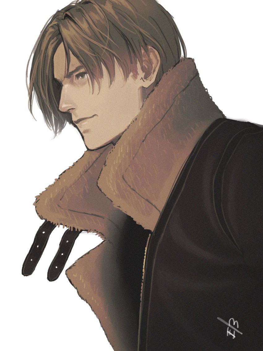 1boy absurdres bomber_jacket brown_hair brown_jacket curtained_hair ericson_blum fur-trimmed_jacket fur_trim highres jacket leather leather_jacket leon_s._kennedy male_focus profile resident_evil resident_evil_4 resident_evil_4_(remake) short_hair solo