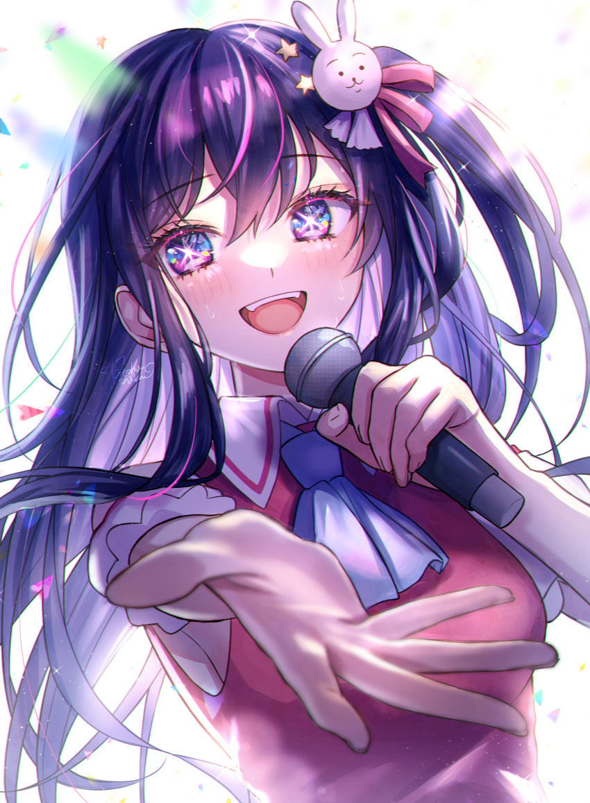 1girl absurdres ascot blue_ascot blush commentary_request detached_sleeves dress hair_ornament heartcolor89 highres holding holding_microphone hoshino_ai_(oshi_no_ko) idol long_hair microphone multicolored_hair one_side_up open_mouth oshi_no_ko pink_dress purple_hair rabbit_hair_ornament reaching_towards_viewer signature simple_background solo sparkle star-shaped_pupils star_(symbol) star_hair_ornament streaked_hair sweat symbol-shaped_pupils violet_eyes