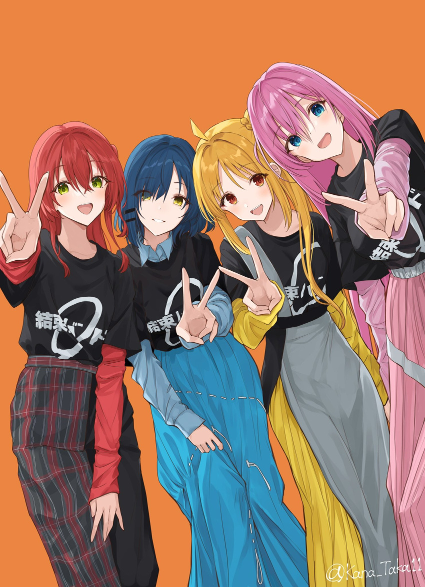 4girls :d ahoge alternate_costume arm_at_side black_shirt blonde_hair blue_eyes blue_hair blush bocchi_the_rock! commentary crossed_bangs eyelashes eyes_visible_through_hair foreshortening gotou_hitori hair_between_eyes hair_ornament hair_over_one_eye hairclip highres ijichi_nijika kanaria_hisagi kita_ikuyo long_hair long_skirt long_sleeves looking_at_viewer mole mole_under_eye multiple_girls one_side_up open_mouth orange_background outstretched_arm parted_bangs parted_lips pink_hair red_eyes redhead round_teeth shirt short_hair short_sleeves side_ponytail sidelocks simple_background skirt smile standing teeth twitter_username upper_teeth_only v very_long_hair yamada_ryou yellow_eyes